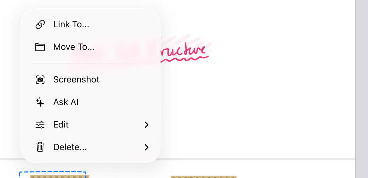 A lassoed part of a handwritten note with the selection menu open and Ask AI in it.