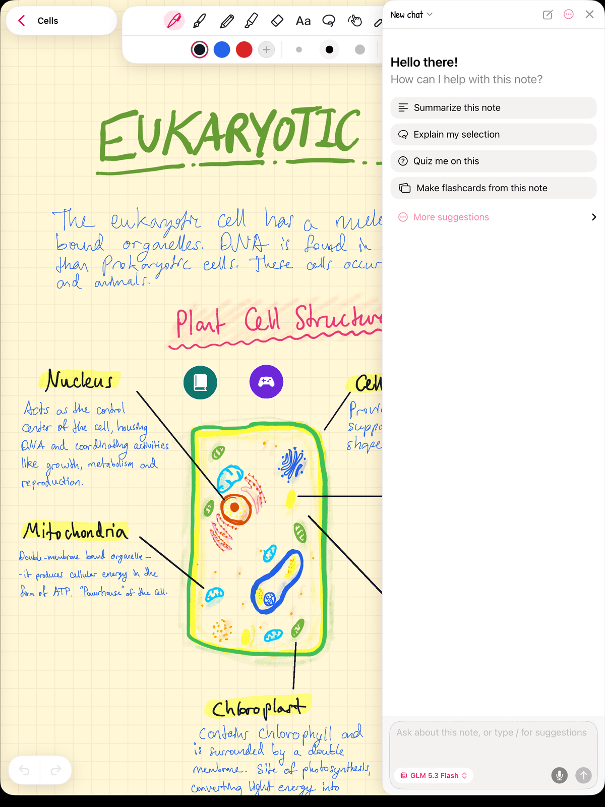 The AI panel open beside a handwritten biology note on iPad. It shows four suggestions: Summarize this note, Explain my selection, Quiz me on this and Make flashcards from this note, plus a More suggestions row.