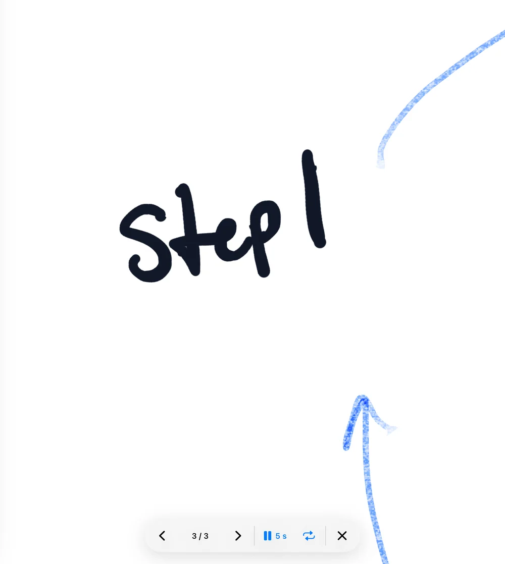A presentation on slide 3 of 3, showing a handwritten Step 1 with arrows, and controls for previous, next, a 5-second timer, and loop