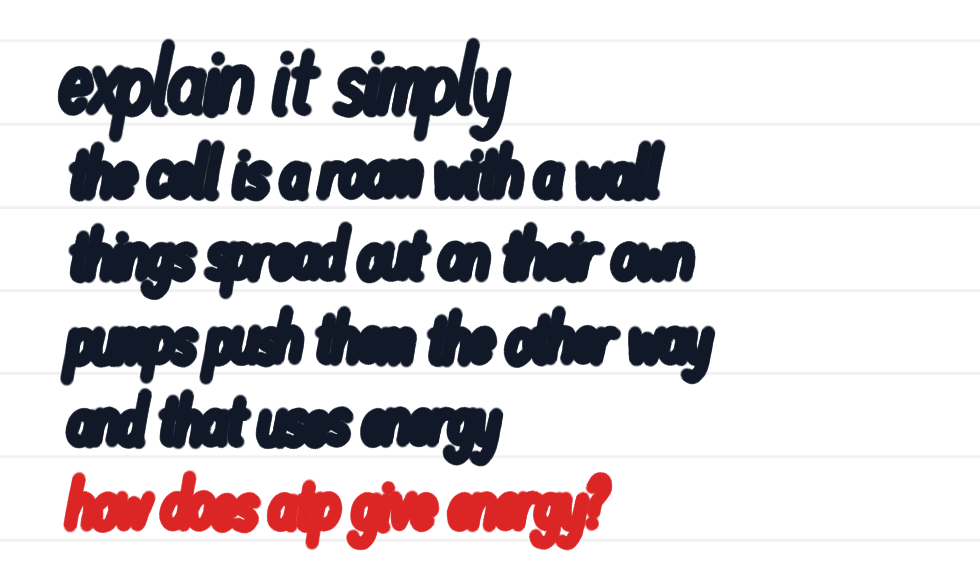 Handwritten note in Strawberry Notes on iPad: "explain it simply", then four short black lines about cell transport in plain words, and a last line in red: "how does atp give energy?"