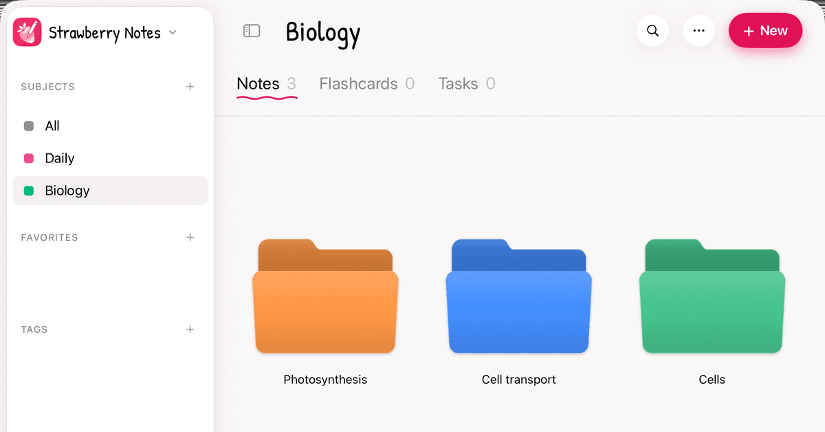 Die Bibliothek von Strawberry Notes auf dem iPad mit dem Fach Biologie in der Seitenleiste und drei Ordnern darin: Photosynthese, Zelltransport und Zellen.