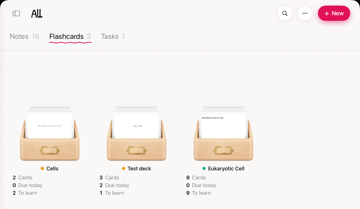 The Flashcards tab in Strawberry Notes on iPad with three decks: Cells, Test deck and Eukaryotic Cell, each showing Cards, Due today and To learn counts. The More button (three dots) is in the top right.