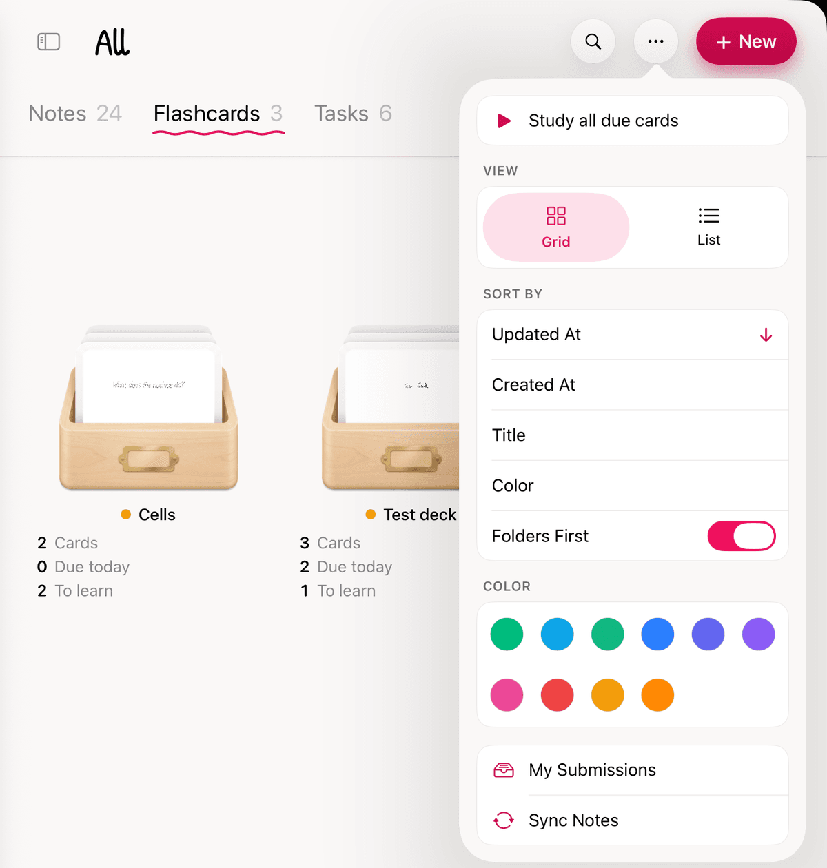 The More menu open on the Flashcards tab in Strawberry Notes on iPad, with the Study all due cards option in the list.