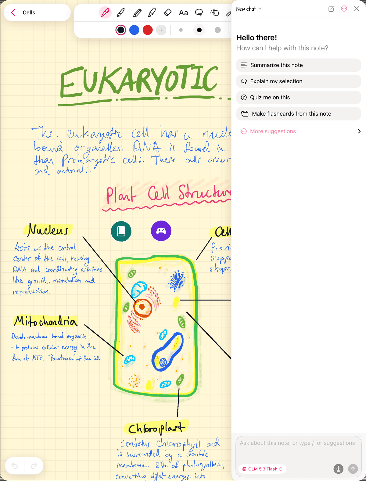 The cell note on iPad with the AI assistant open beside it, offering Summarize this note, Explain my selection, Quiz me on this and Make flashcards from this note.