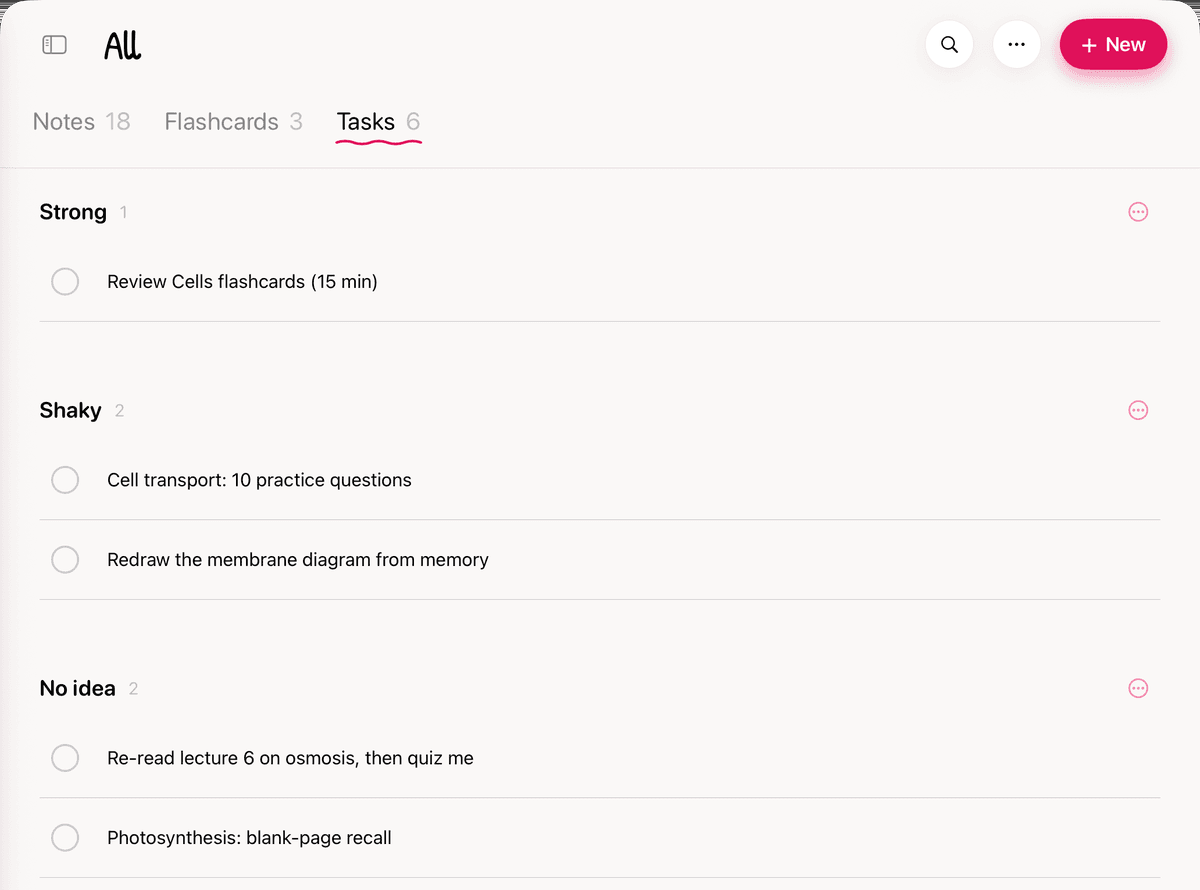 The Tasks tab on iPad with three boards, Strong, Shaky and No idea, each holding study-session tasks such as "Cell transport: 10 practice questions" and "Photosynthesis: blank-page recall".