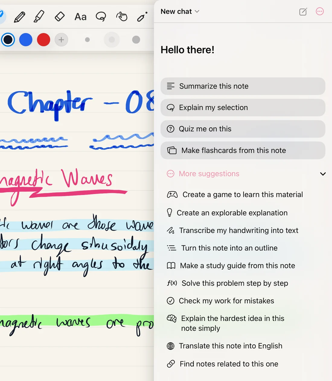 The AI chat panel beside a handwritten physics note, listing suggestions such as Summarize this note and Quiz me on this