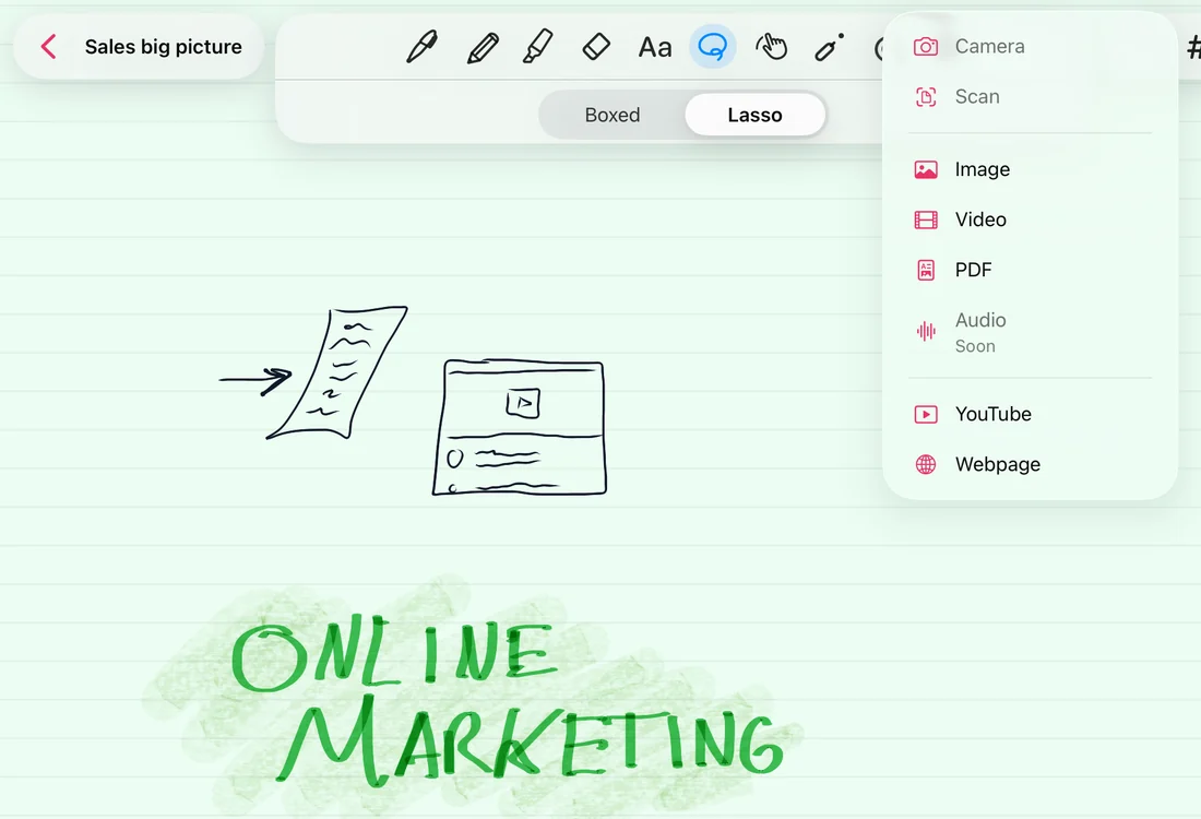 The insert menu open over a handwritten marketing note, listing camera, scan, image, video, PDF, YouTube, and webpage