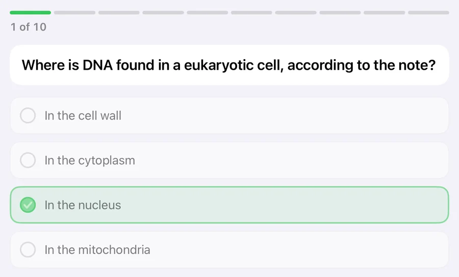 A quiz question, Where is DNA found in a eukaryotic cell, with In the nucleus marked correct