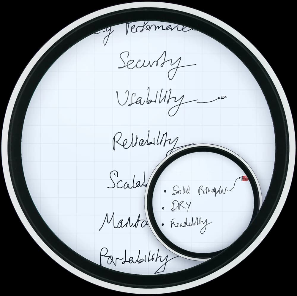 Zooming into a tiny note beside the word Usability reveals a full list written inside it
