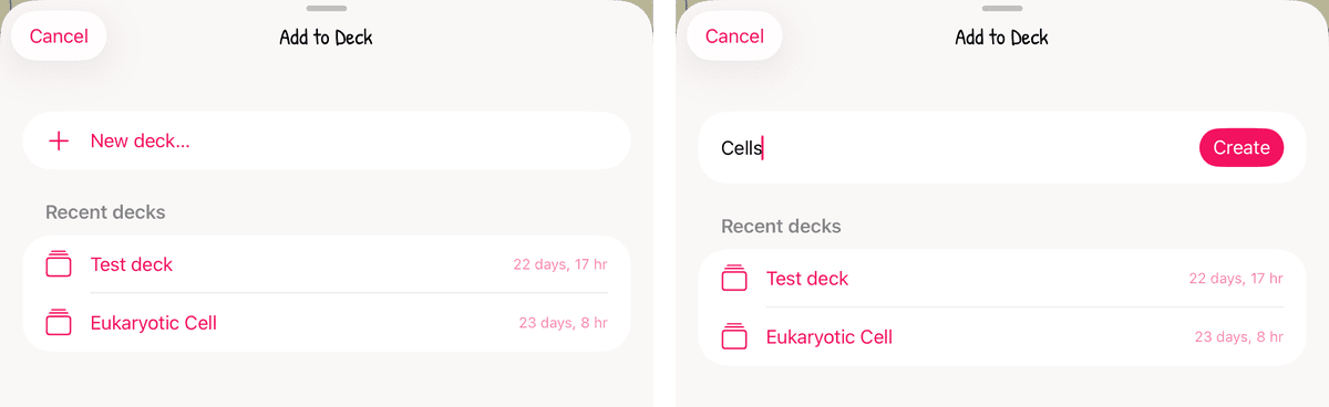 The Add to Deck sheet with New deck… and Recent decks, and a deck being named Cells