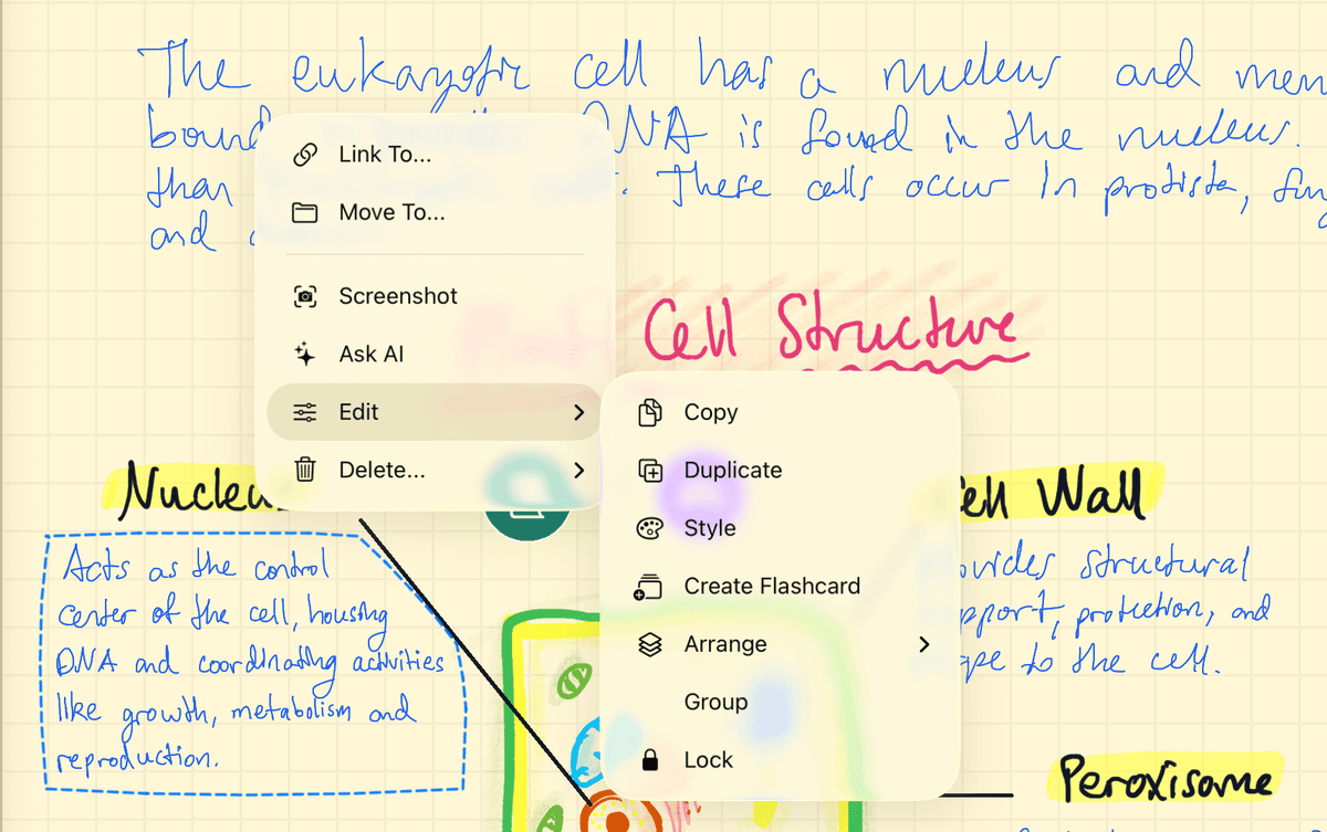 The selection menu open on Edit, showing Create Flashcard